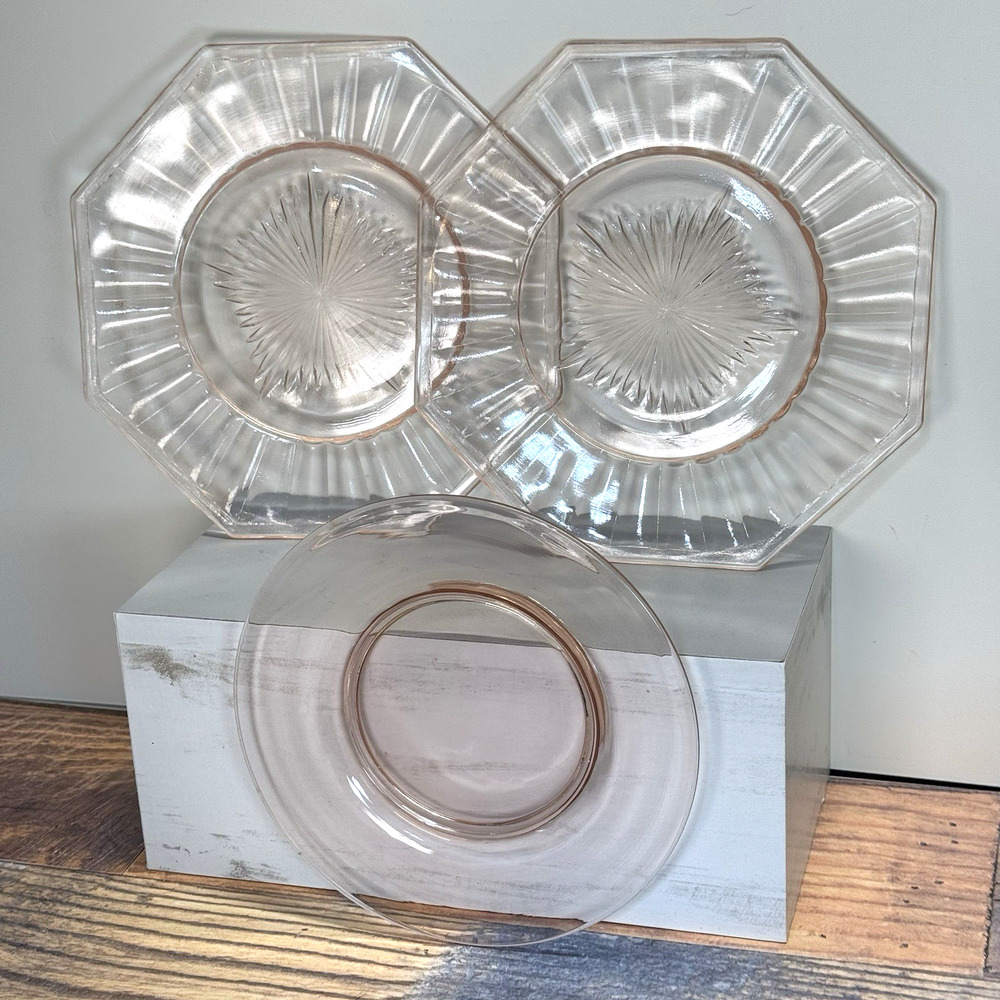 Set of 3 Vintage Pink Depression Glass Octagon Dessert Salad Plates Mismatch